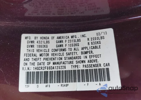 2013 Honda Accord Ex-L from USA, damaged, VIN 1HGCR2F86DA125226
